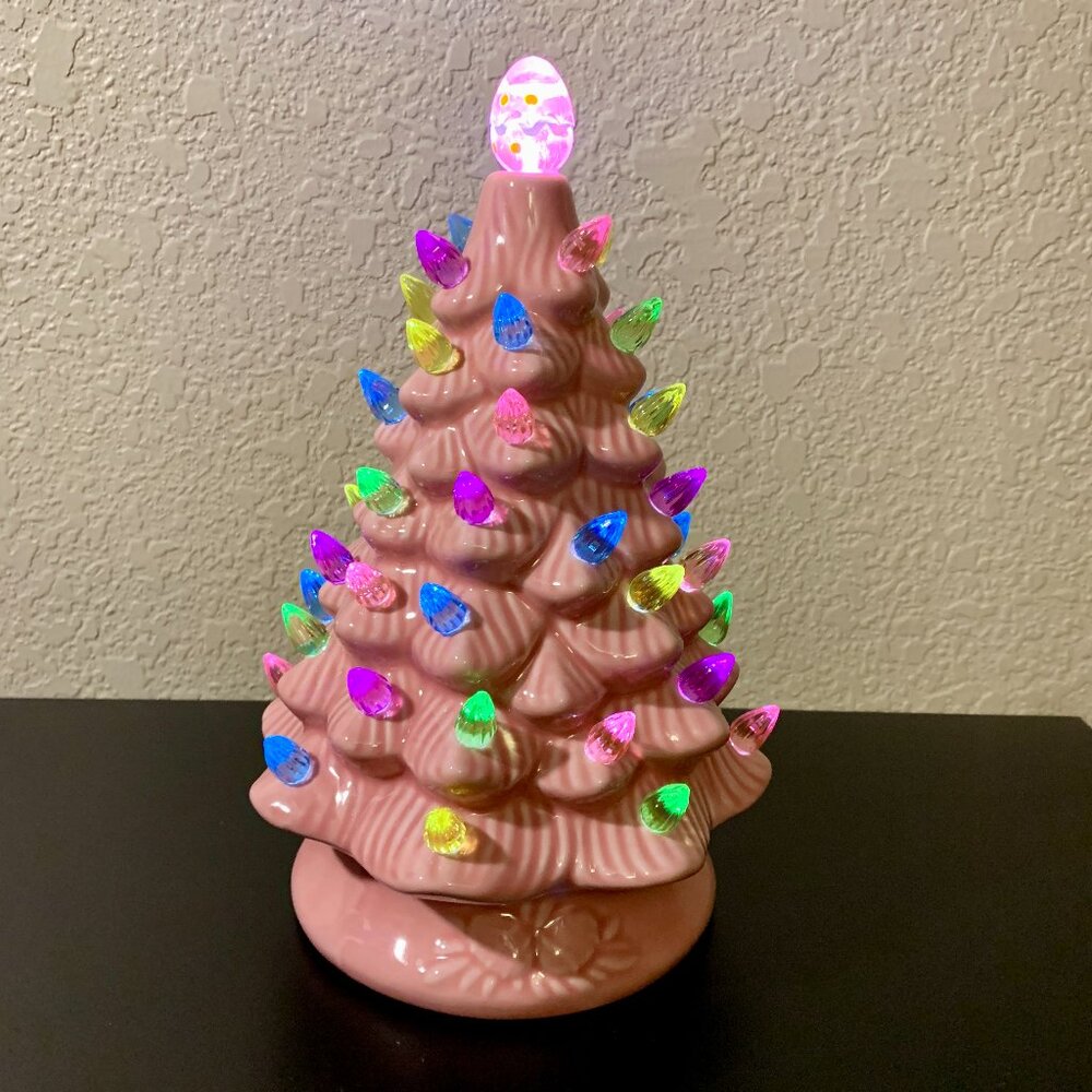 NWB Pink Ceramic Lighted Easter Tree with Multicolor Lights and Egg Topper